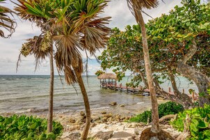 En la playa, sillas reclinables de playa, sombrillas