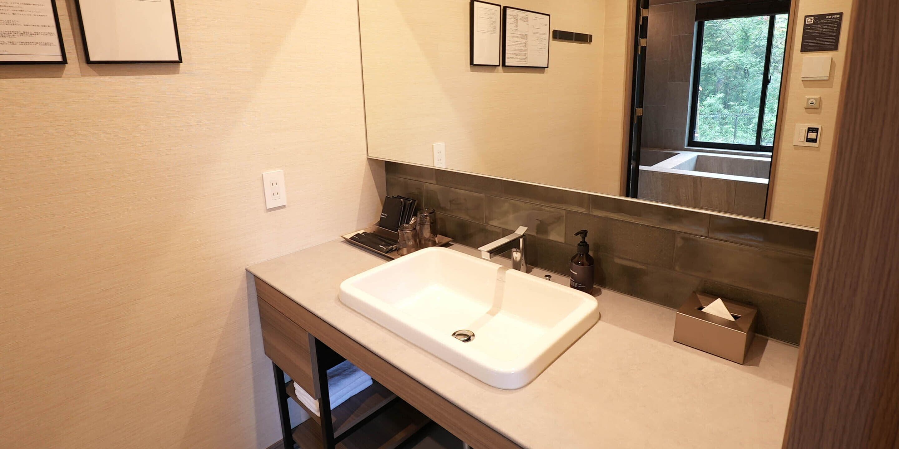 A modern bathroom with a large sink, a mirror, and a window.