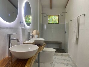 Shower, towels, toilet paper
