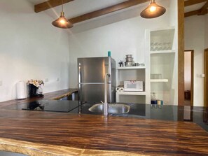 Fridge, microwave, stovetop, coffee/tea maker