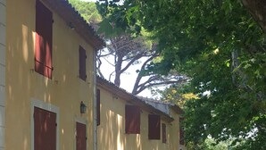 A row of yellow buildings with red shutters, a stone pathway, and a large planter in front. - Mas provençal with tennis court, swimming pool and games and sports room (Velaux)