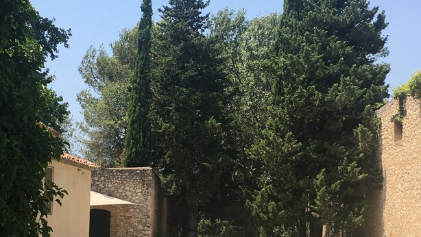 A swimming pool with lounge chairs, surrounded by stone walls and trees. - Mas provençal with tennis court, swimming pool and games and sports room (Velaux)