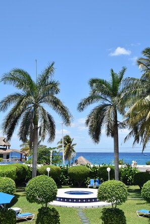 A pool surrounded by palm trees and a clear blue sky.