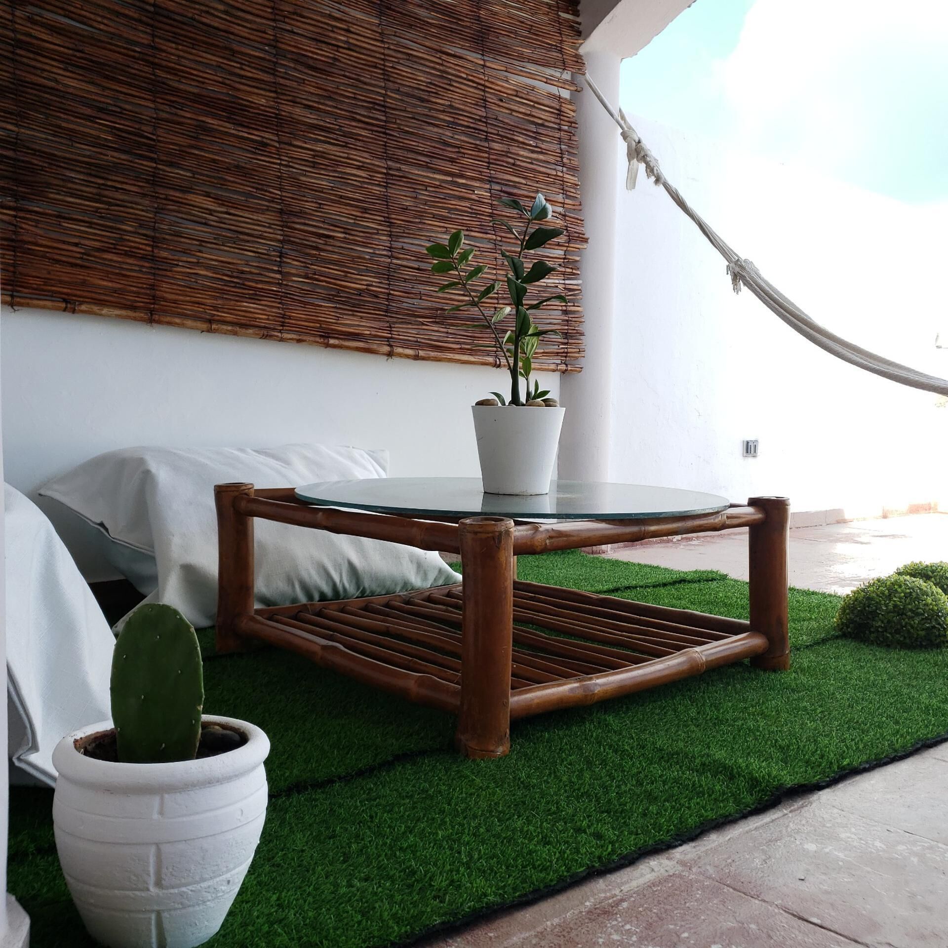 A room with a round glass table, a white potted plant, a white potted cactus, and a hammock.