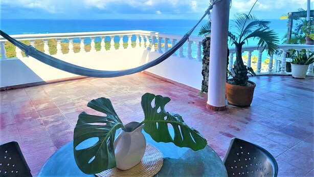 A balcony with a view of the ocean, a hammock, and potted plants.