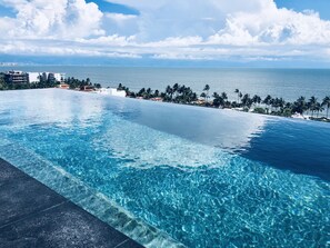 En vacker infinitypool med utsikt över havet och palmerna.