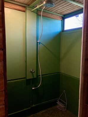 Shower, towels, soap, toilet paper