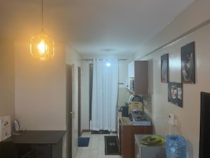 Fridge, microwave, oven, electric kettle