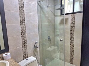 Ein Badezimmer mit Duschkabine, Toilette und Waschbecken.