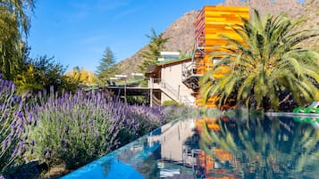 Una piscina al aire libre, camas de piscina gratis