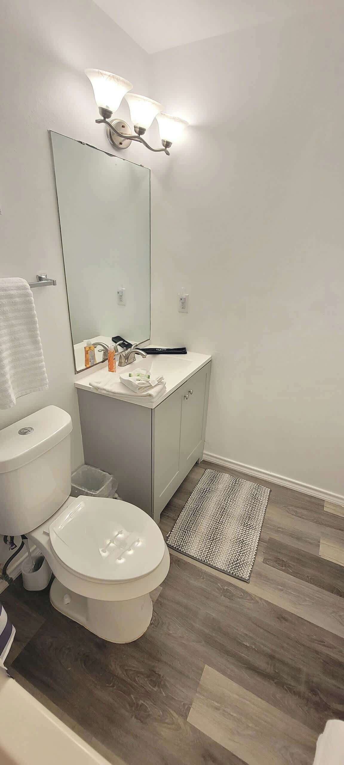 Une salle de bain moderne avec des toilettes, un lavabo et un miroir.