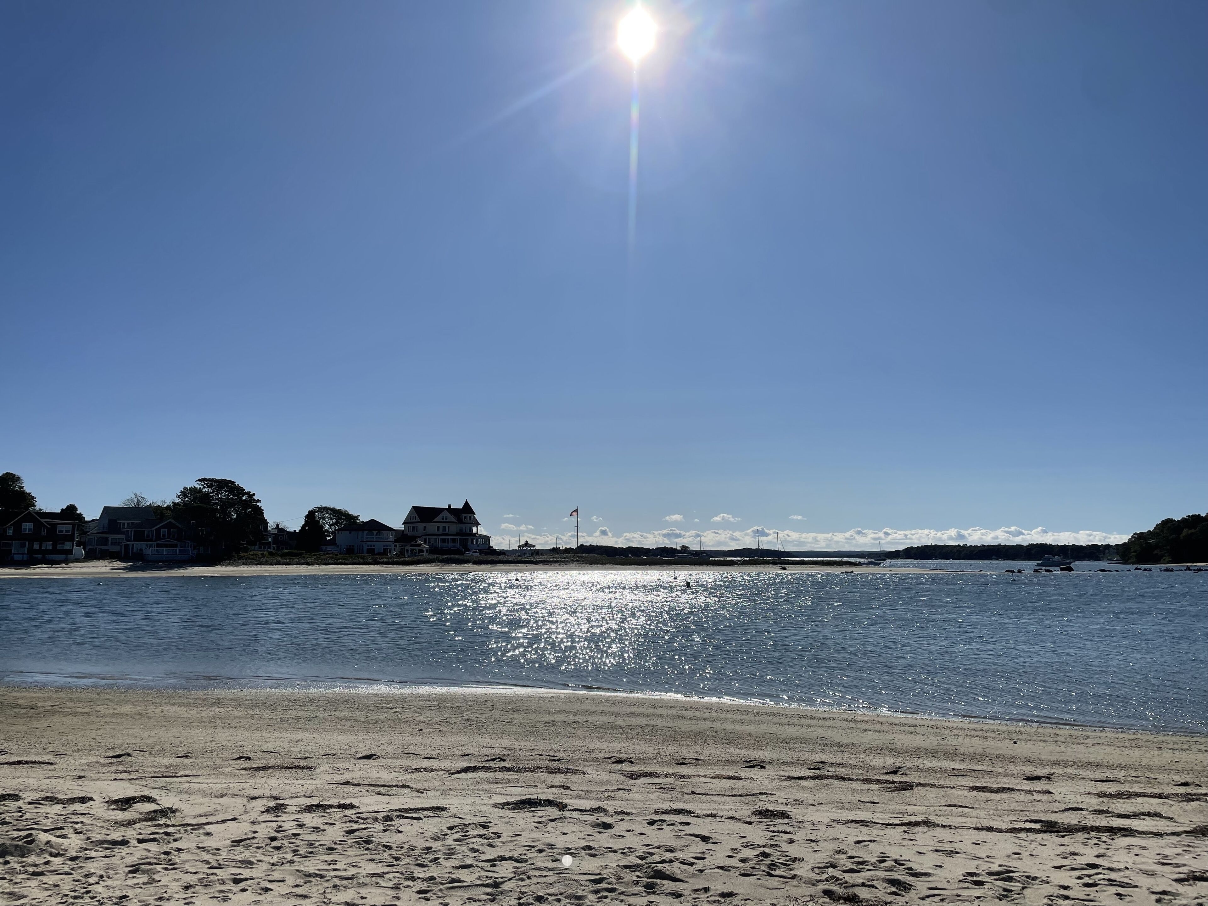 Una platja amb cel clar, aigua tranquil·la i una filera de cases al fons.