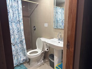 Douche, serviettes fournies, savon, shampooing