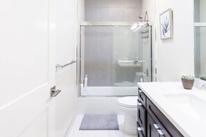 Hair dryer, towels, soap, toilet paper
