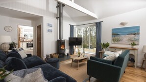 A modern living room with a fireplace, comfortable seating, and a view of the outdoors. - Lobbs Cottage -  Pet Friendly, Free Parking (St Mawgan)