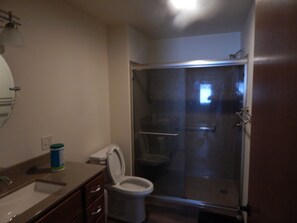 Shower, towels, toilet paper