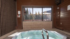 A hot tub with a metal ladder, a window with a view of trees and mountains, and a wooden wall. - Frisco Gateway to Skiing: Min to Breck + Keystone, Hot Tubs, Pickleball, Sauna (Frisco)