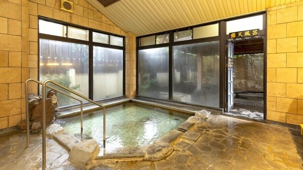 Een traditionele Japanse onsen met een stenen bad, houten wanden en grote ramen.