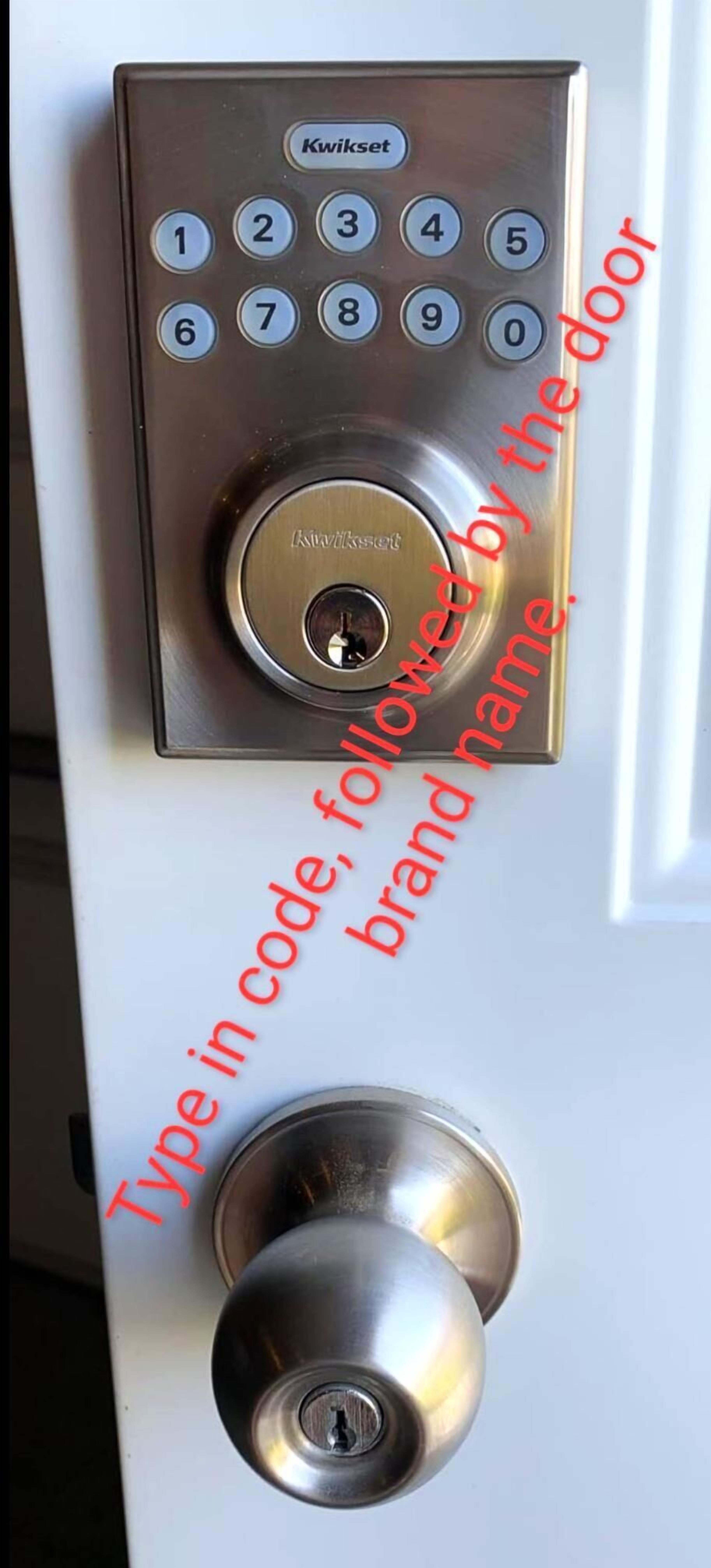 A Kwikset door lock with a numeric keypad and a keyhole.
