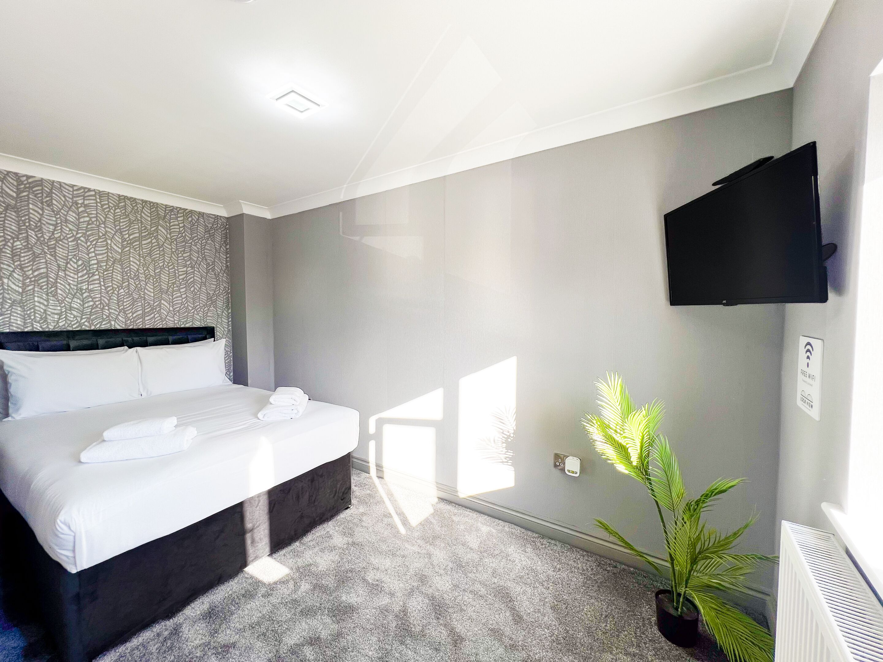 Ein Hotelzimmer mit einem Bett, einem Flachbildfernseher, einer Zimmerpflanze und einem an der Wand montierten Thermostat.