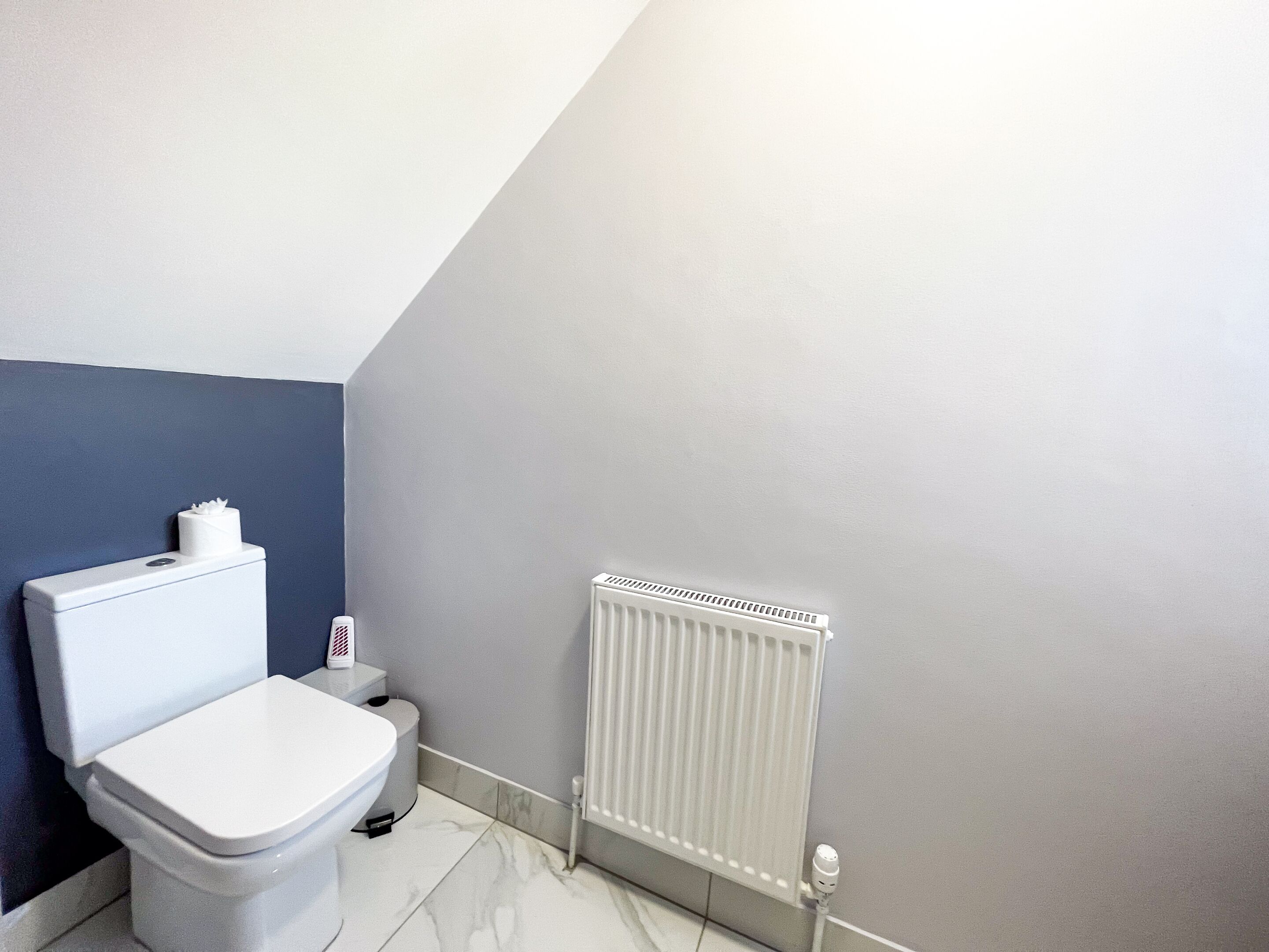 A bathroom with a toilet, a small trash bin, and a white radiator.