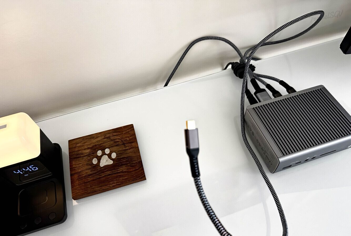 A charging station with a wooden block, a cable, and a device on a white surface.