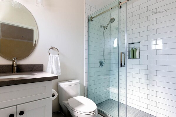 Hair dryer, towels, soap, shampoo