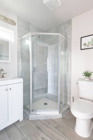 Hair dryer, towels, soap, shampoo