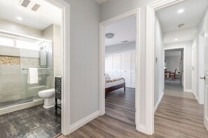 Hair dryer, towels, soap, shampoo