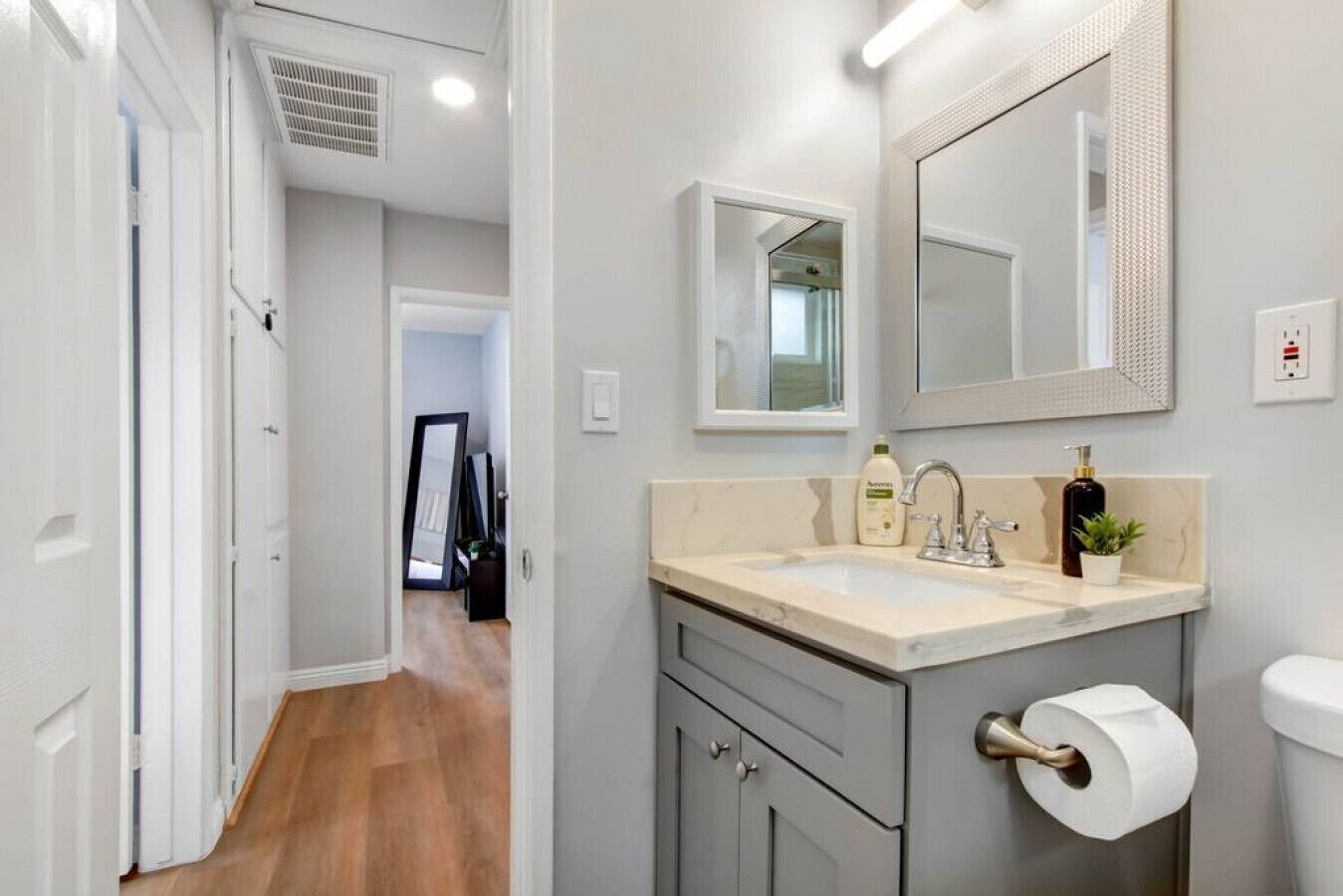 Hair dryer, towels, soap, shampoo