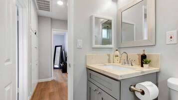 Hair dryer, towels, soap, shampoo