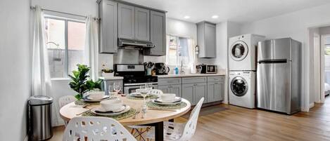 Fridge, microwave, oven, stovetop