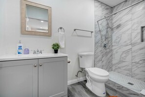 Hair dryer, soap, shampoo, toilet paper