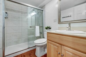 Hair dryer, towels, soap, shampoo