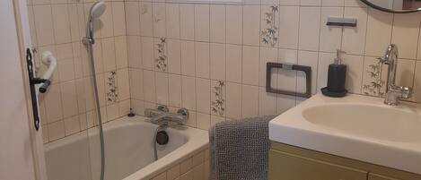 Hair dryer, towels, toilet paper