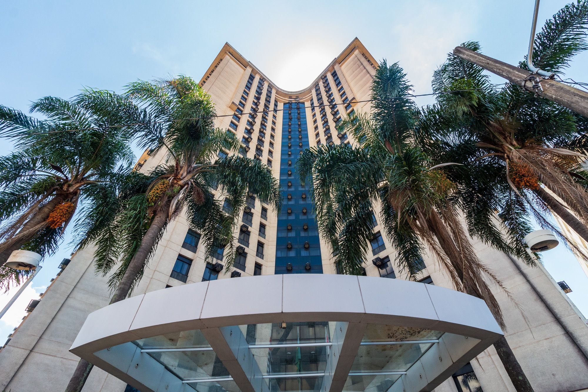 A tall, modern building with a curved glass entrance and palm trees surrounding it.