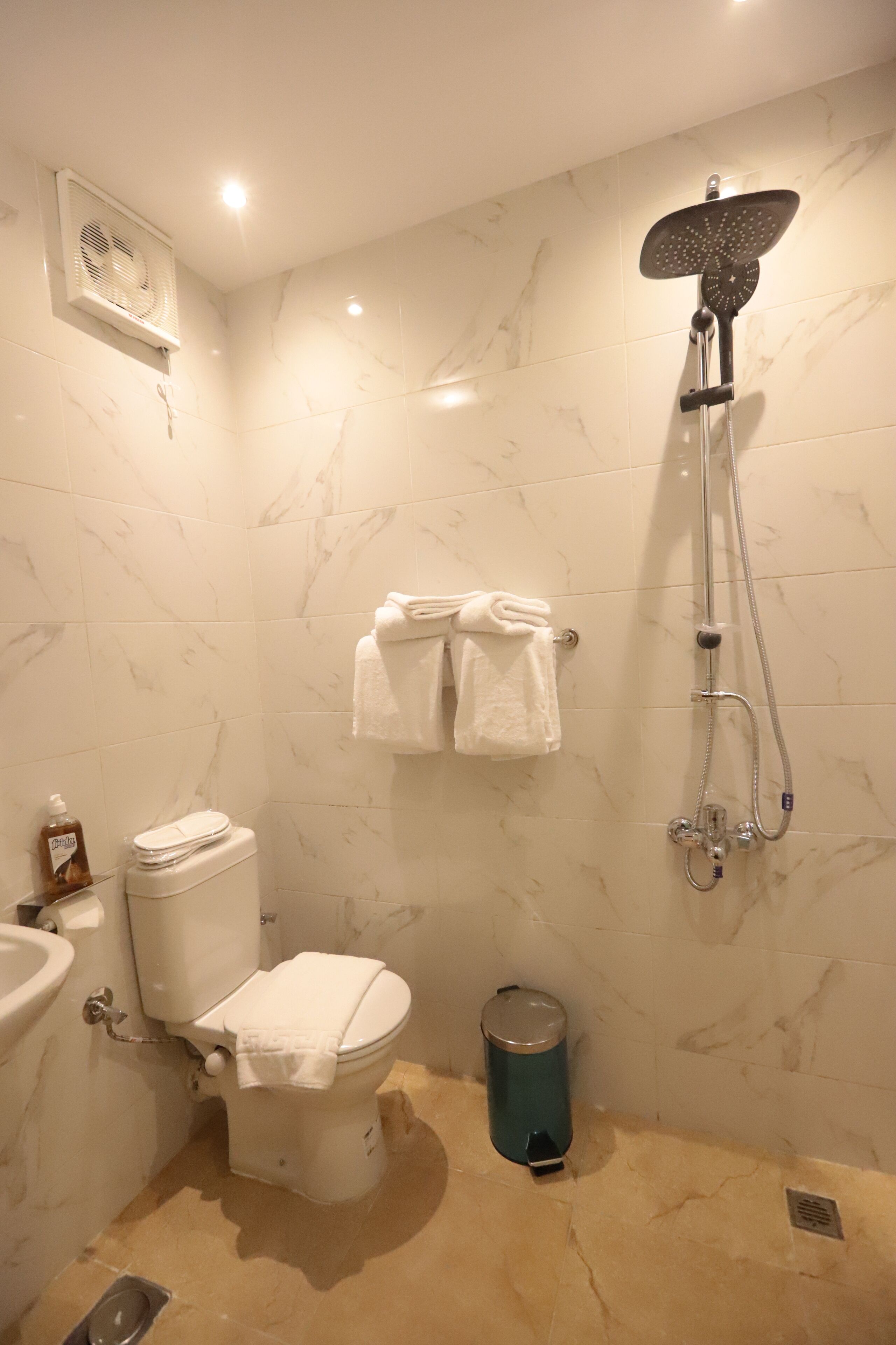 A bathroom with a toilet, sink, and shower.