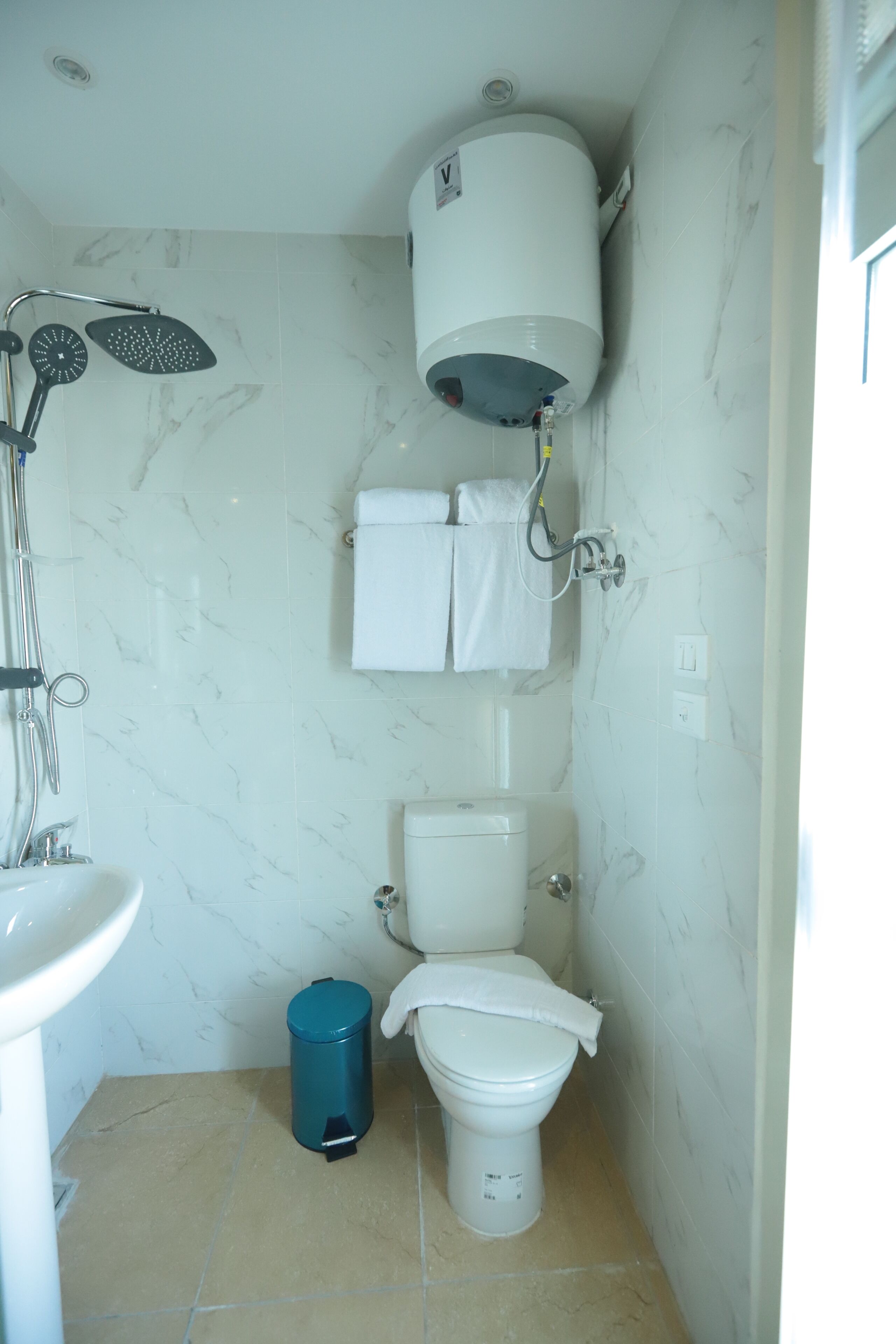 Een badkamer met toilet, wastafel, douche inclusief handdouche en een handdoekrek.