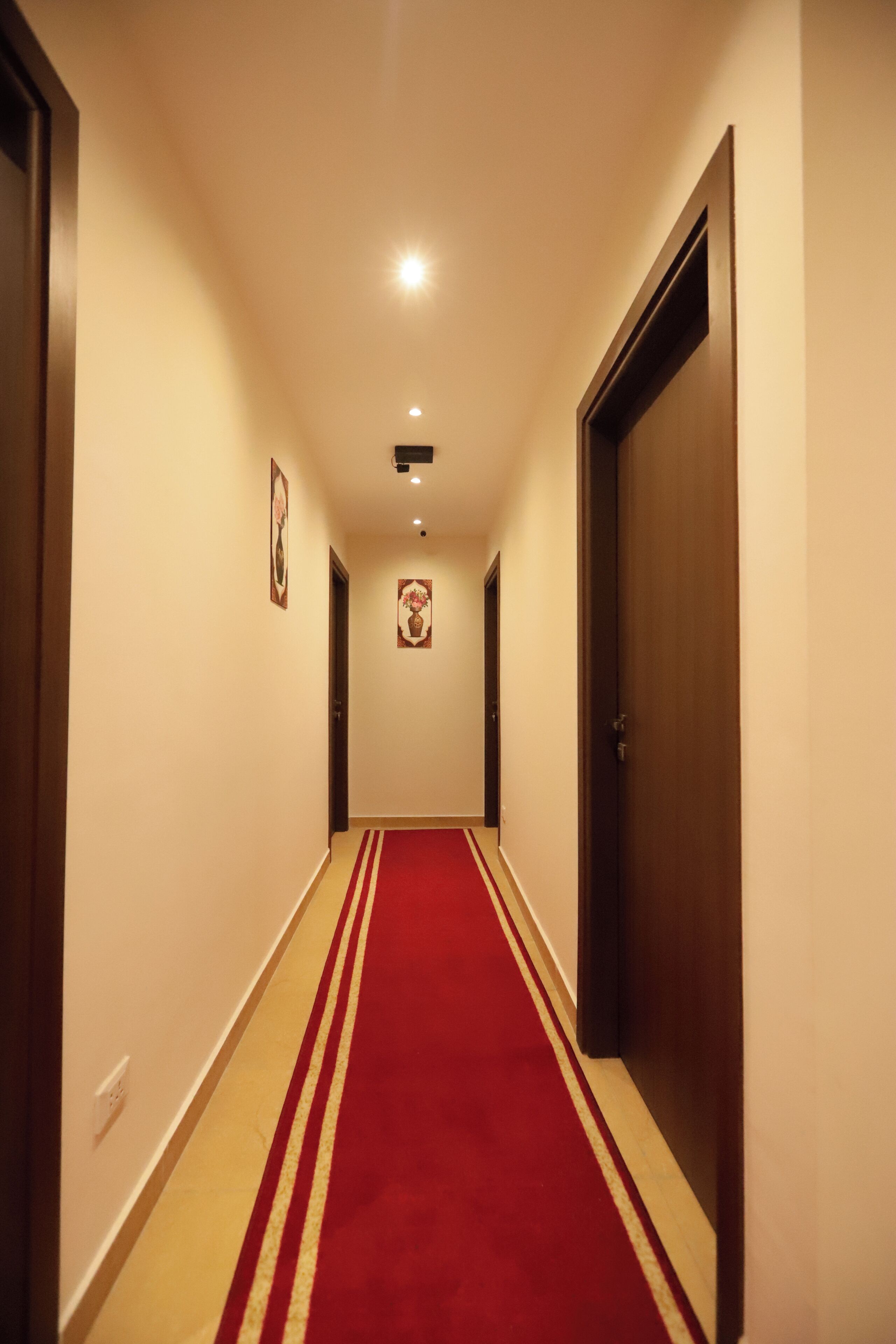 A hotel hallway with a red carpet, wooden doors, and framed pictures on the walls.