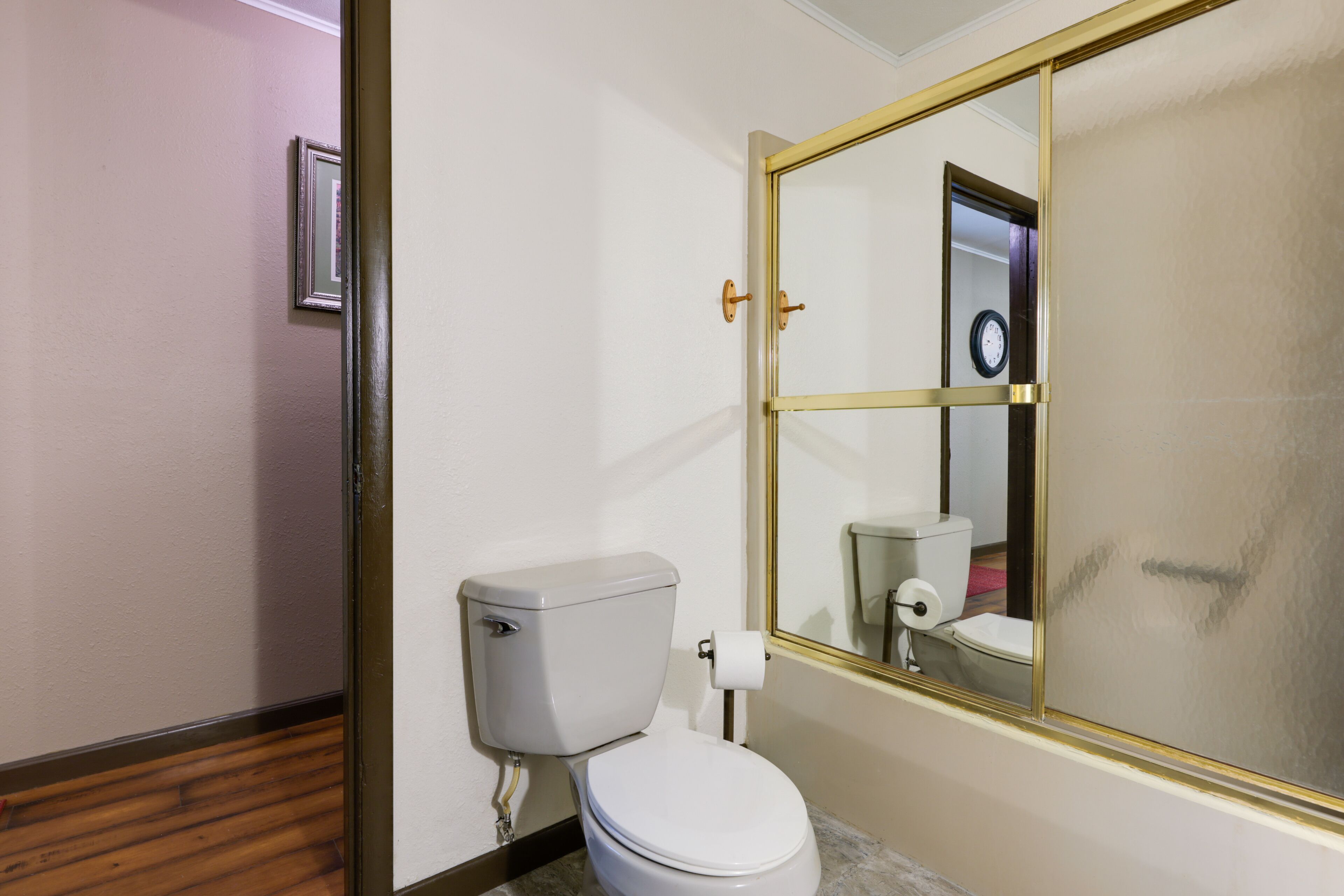 Une salle de bain avec des toilettes, un miroir et un plancher en bois.