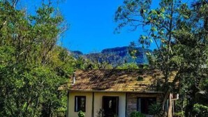 A house with a stone pathway leading to the entrance, surrounded by lush greenery and a mountain in the background. - RECANTO DOS COMPADRES (Praia Grande)