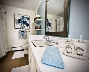 Hair dryer, towels, soap, toilet paper