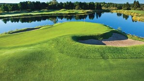 Un parcours de golf avec un étang, des bunkers de sable et un drapeau.