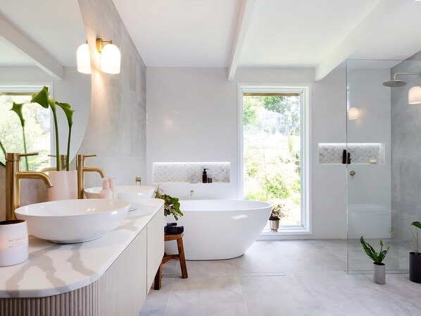 Hair dryer, towels, soap, shampoo