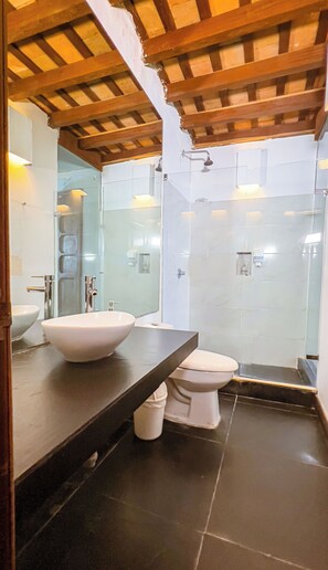 Ein modernes Badezimmer mit einem großen Waschbecken, einer Toilette und einer Duschkabine aus Glas.