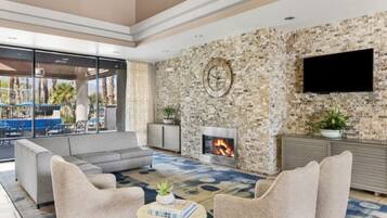 Smart TV, fireplace, video games, DVD player