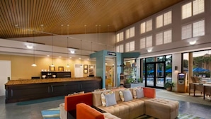 A spacious lobby with a reception desk, a seating area with a large sofa and armchairs, and large windows allowing natural light.