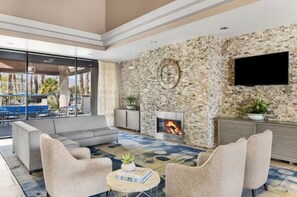 Smart TV, fireplace, video games, DVD player