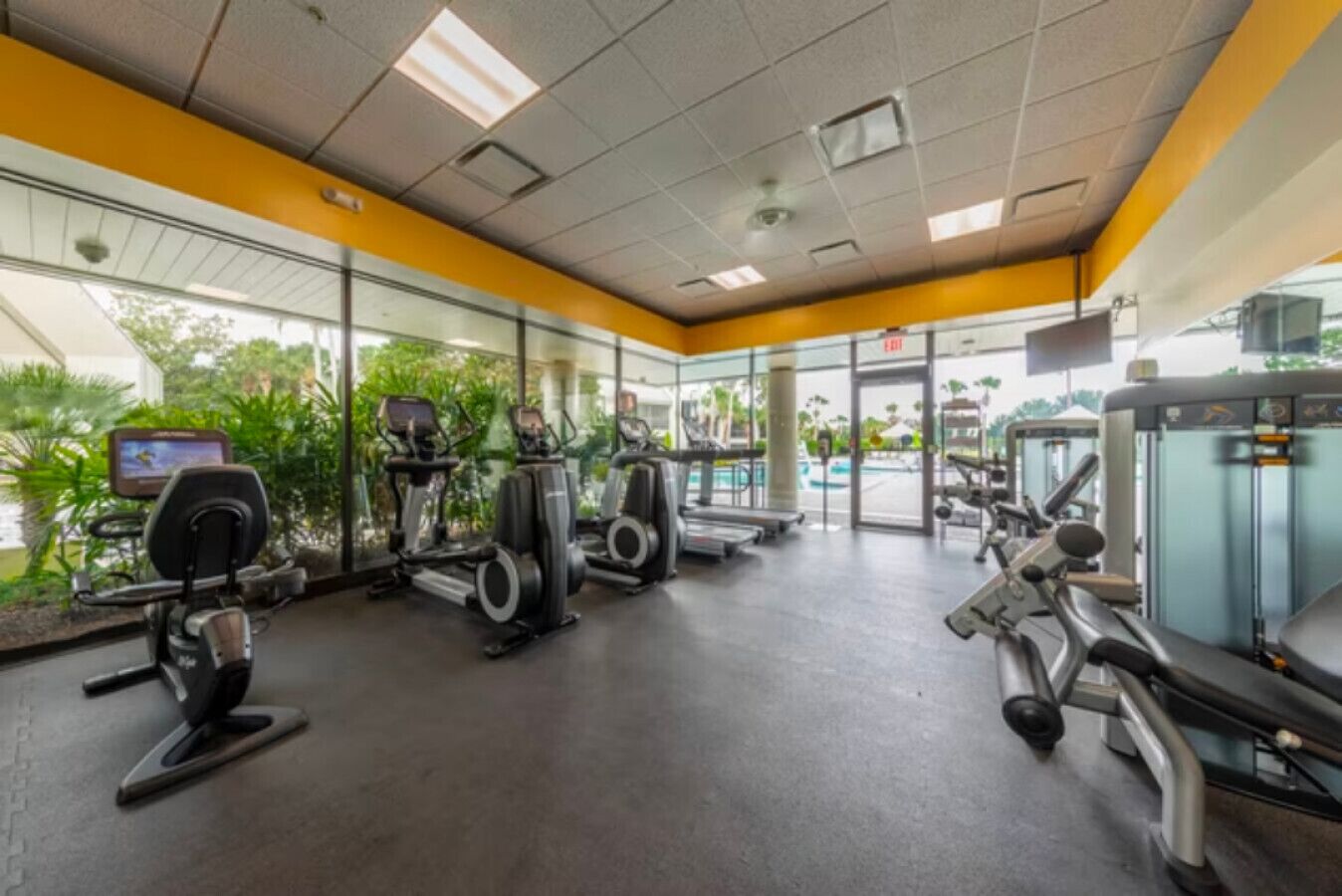 Une salle de sport équipée de machines de cardio, de postes de musculation et dotée d’une grande fenêtre donnant sur un espace verdoyant.