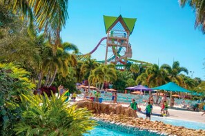 Ein Wasserpark mit einer langen Wasserrutsche, Palmen und einem Poolbereich.